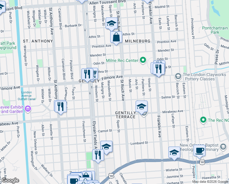 map of restaurants, bars, coffee shops, grocery stores, and more near 5118 Spain Street in New Orleans