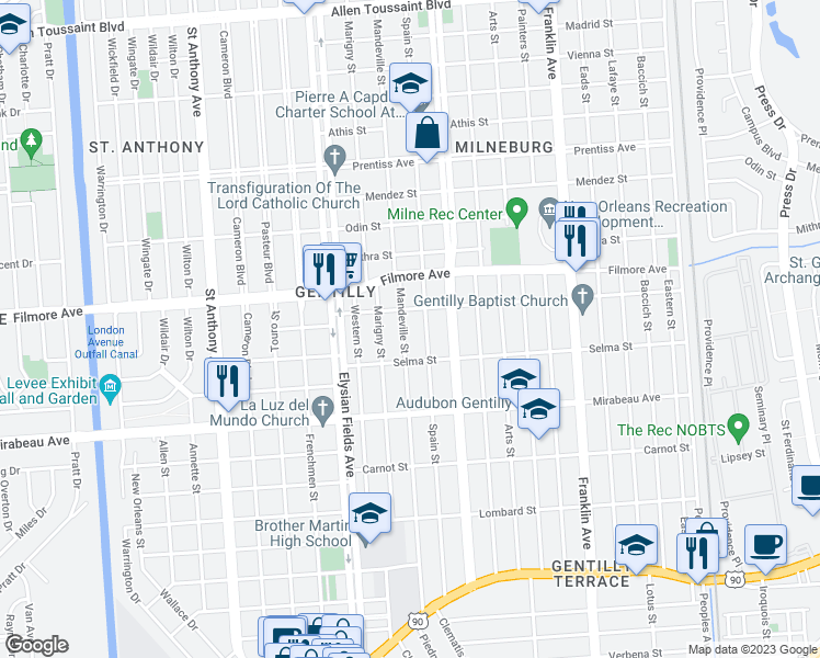 map of restaurants, bars, coffee shops, grocery stores, and more near 5118 Spain Street in New Orleans