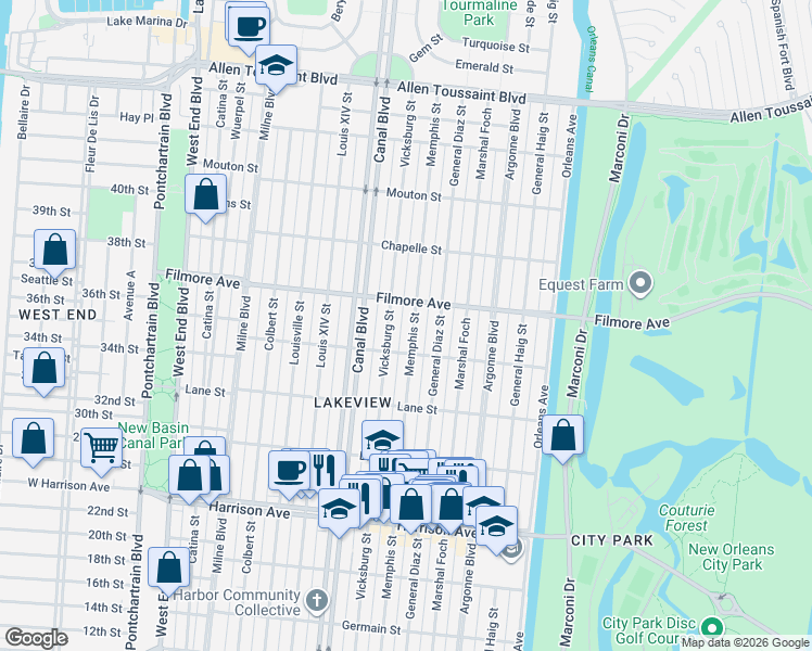 map of restaurants, bars, coffee shops, grocery stores, and more near 6601 Memphis Street in New Orleans