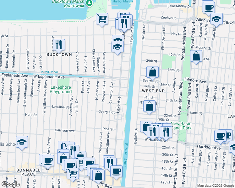 map of restaurants, bars, coffee shops, grocery stores, and more near 1341 Carrollton Avenue in Metairie