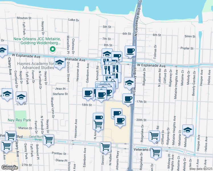 map of restaurants, bars, coffee shops, grocery stores, and more near 3351 Severn Avenue in Metairie