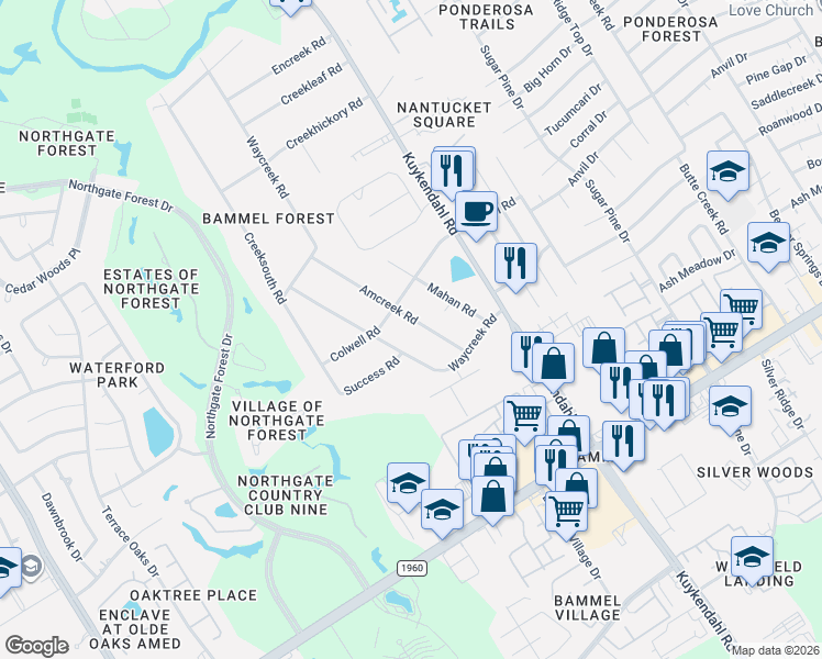 map of restaurants, bars, coffee shops, grocery stores, and more near 16114 Waycreek Road in Houston
