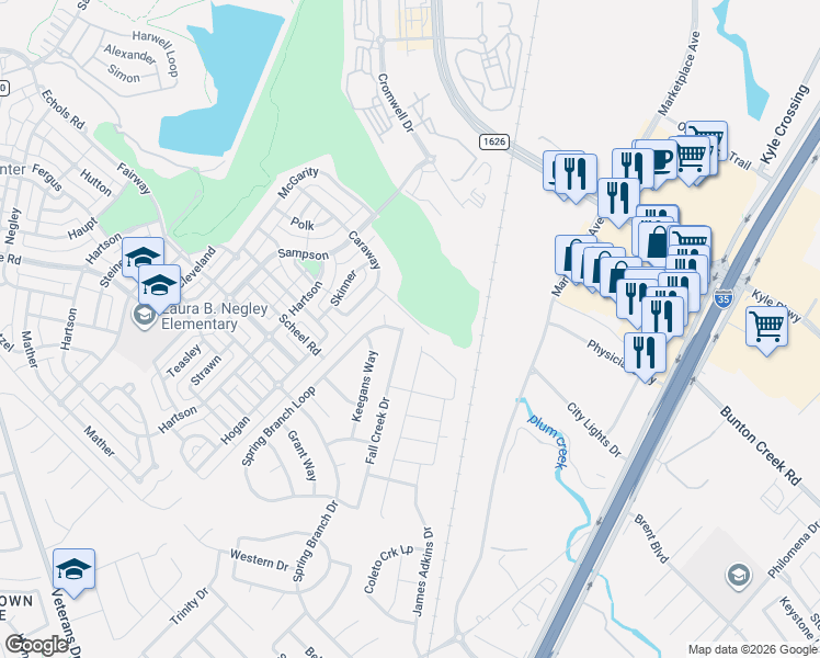 map of restaurants, bars, coffee shops, grocery stores, and more near 256 Fall Creek Drive in Kyle