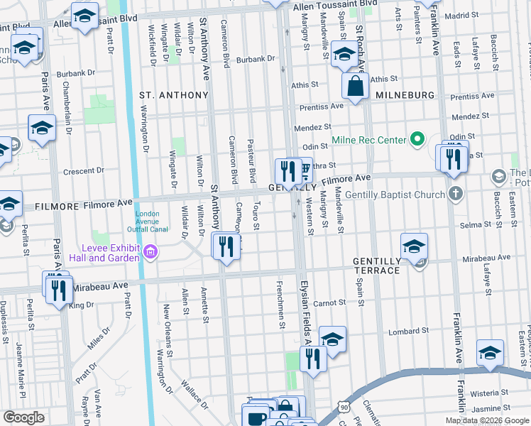 map of restaurants, bars, coffee shops, grocery stores, and more near 2143 Selma Street in New Orleans