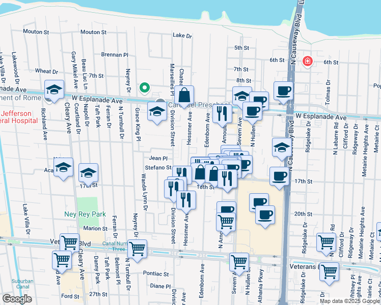 map of restaurants, bars, coffee shops, grocery stores, and more near 4000 Hessmer Avenue in Metairie