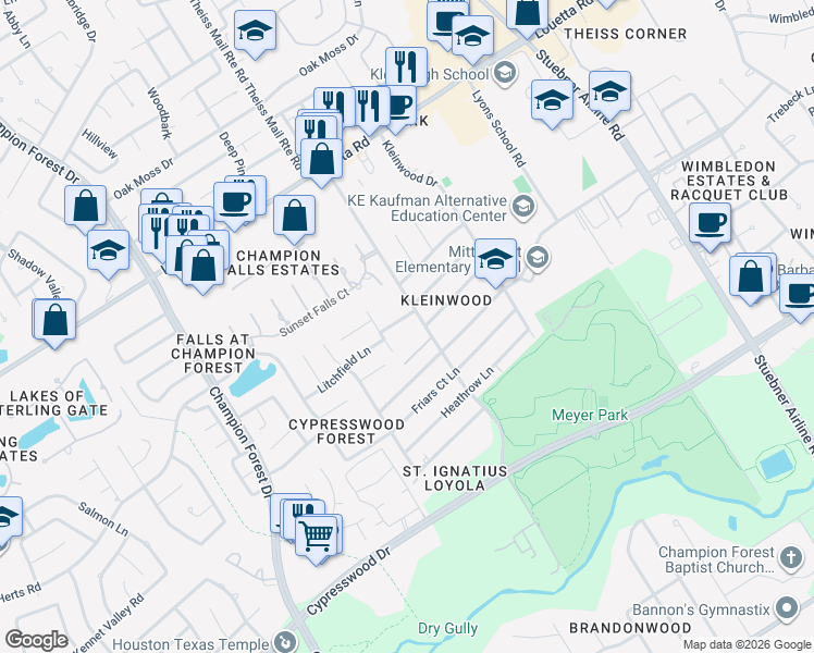 map of restaurants, bars, coffee shops, grocery stores, and more near 16306 Krayola Lane in Spring