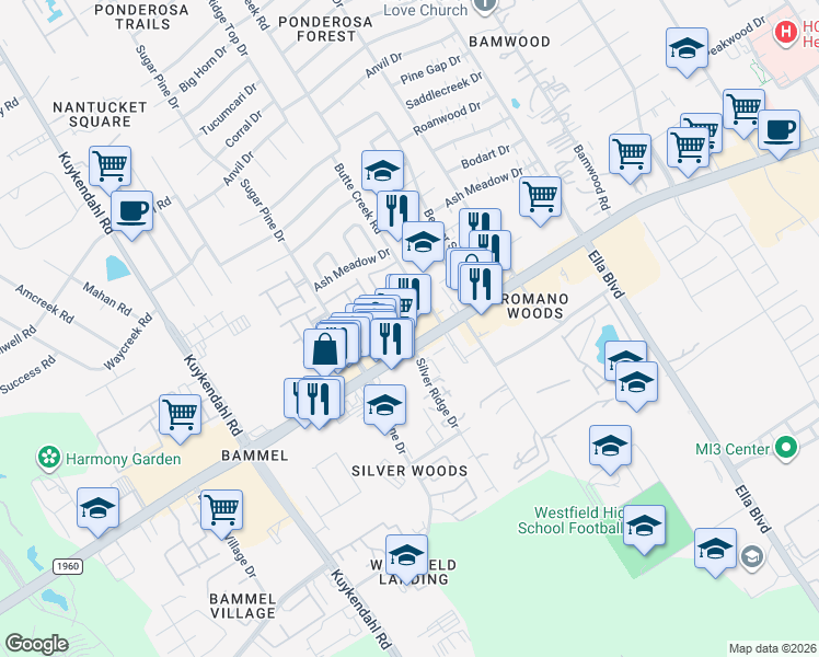 map of restaurants, bars, coffee shops, grocery stores, and more near 1817 Cypress Creek Parkway in Houston