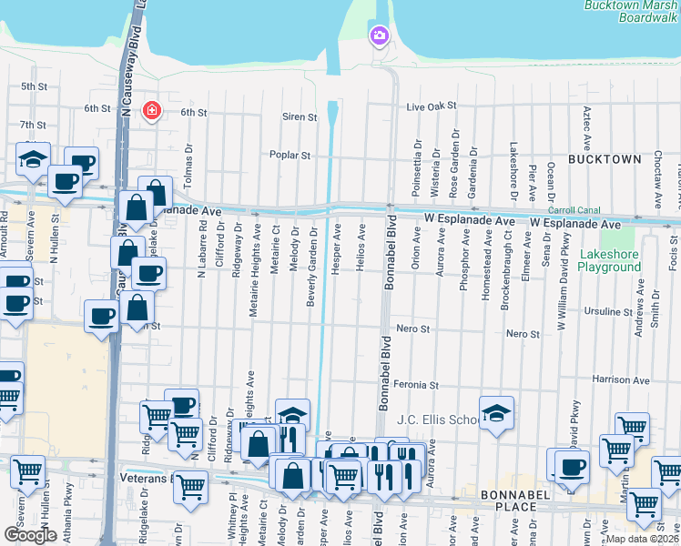 map of restaurants, bars, coffee shops, grocery stores, and more near 1136 Helios Avenue in Metairie