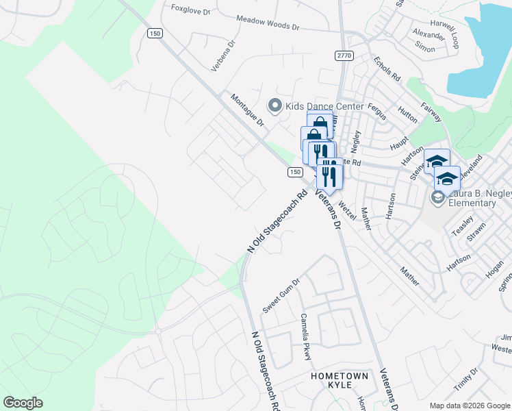 map of restaurants, bars, coffee shops, grocery stores, and more near 1253 Old Stagecoach Road in Kyle
