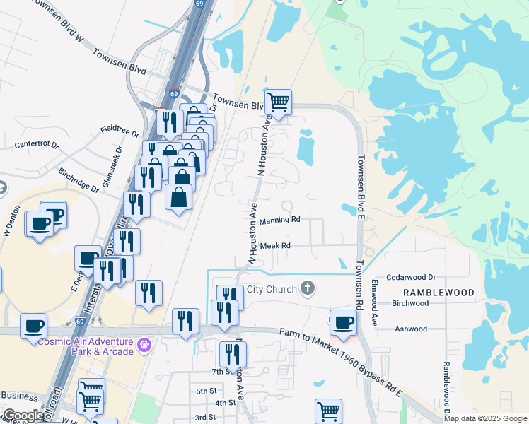 map of restaurants, bars, coffee shops, grocery stores, and more near 1727 North Houston Avenue in Humble