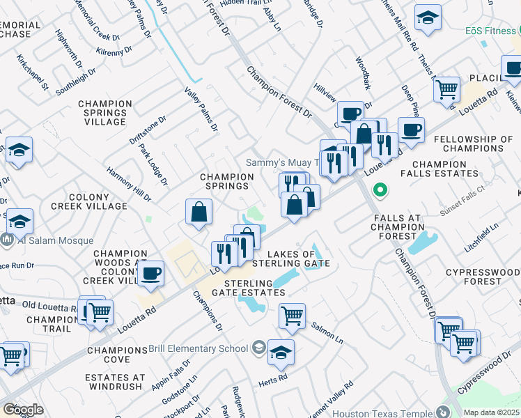 map of restaurants, bars, coffee shops, grocery stores, and more near 8610 Canyon Pine Drive in Spring