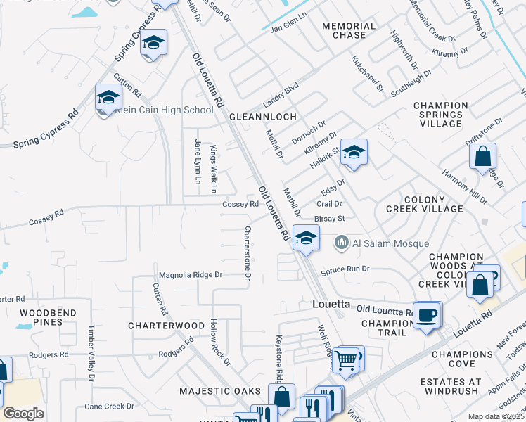 map of restaurants, bars, coffee shops, grocery stores, and more near 16911 Memorial Chase Dr in Houston