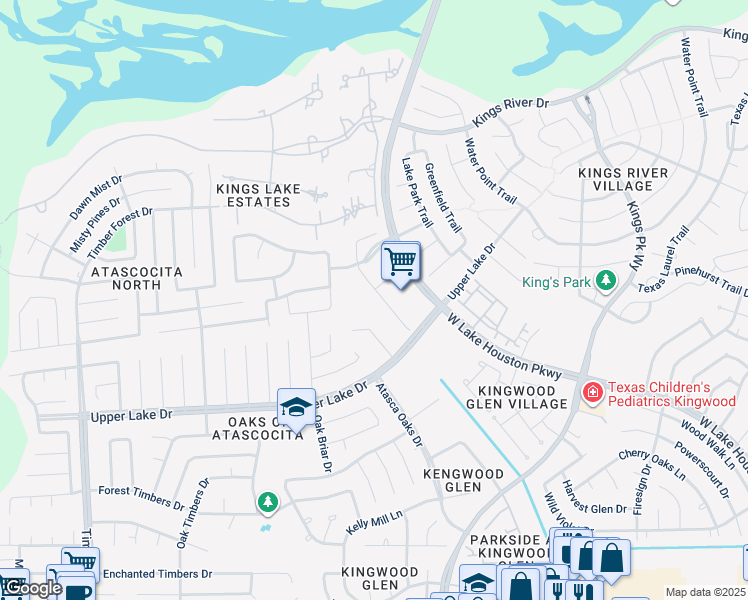 map of restaurants, bars, coffee shops, grocery stores, and more near 6207 Maple Timber Court in Humble