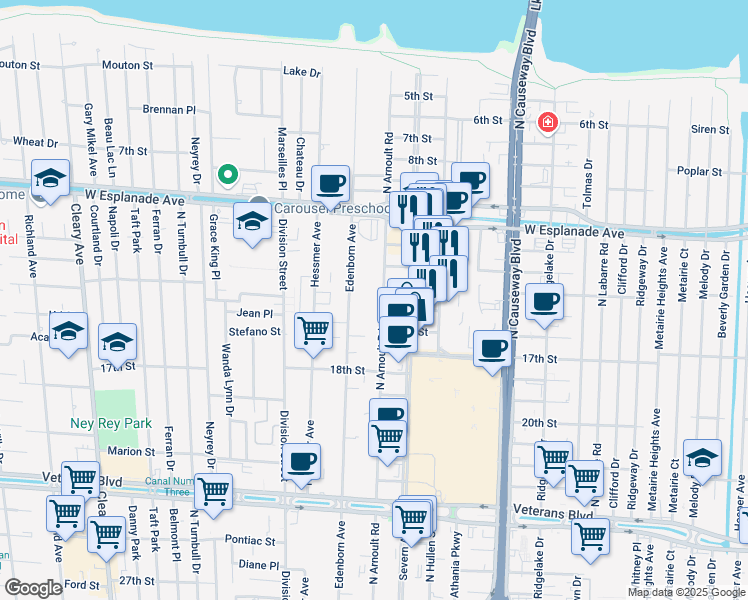 map of restaurants, bars, coffee shops, grocery stores, and more near 3520 North Arnoult Road in Metairie