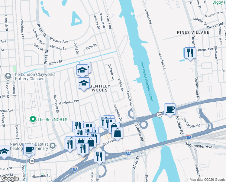 map of restaurants, bars, coffee shops, grocery stores, and more near 5015 Mirabeau Avenue in New Orleans