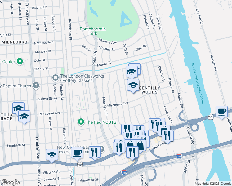 map of restaurants, bars, coffee shops, grocery stores, and more near 5101 Metropolitan Drive in New Orleans