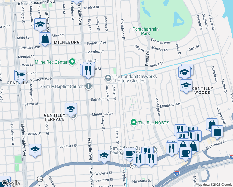 map of restaurants, bars, coffee shops, grocery stores, and more near 5163 Eastern Street in New Orleans