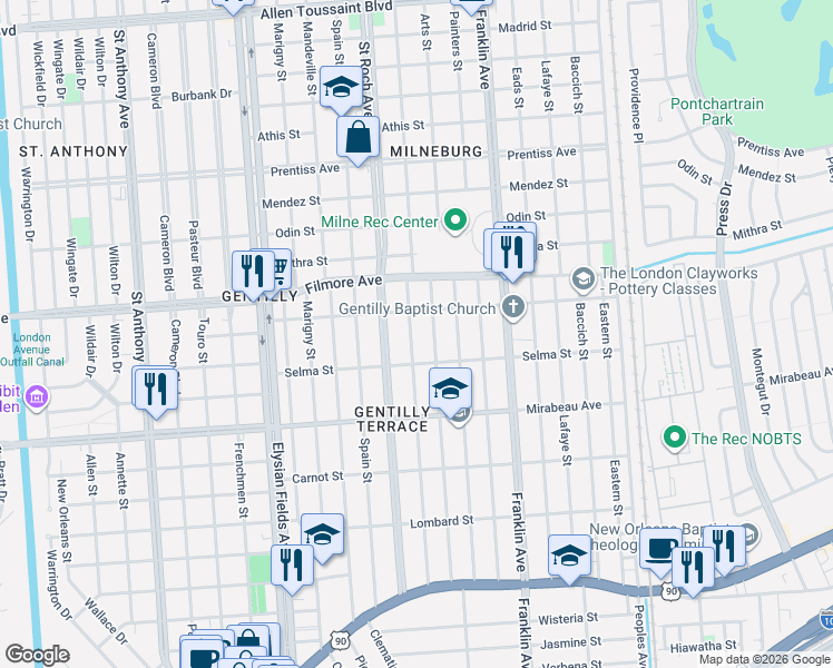 map of restaurants, bars, coffee shops, grocery stores, and more near 2444 Dreux Avenue in New Orleans