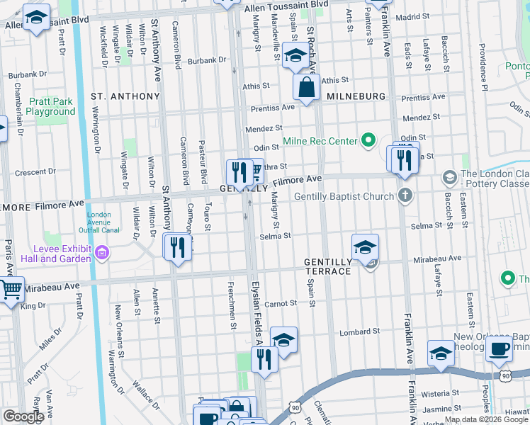 map of restaurants, bars, coffee shops, grocery stores, and more near 2251 Dreux Avenue in New Orleans