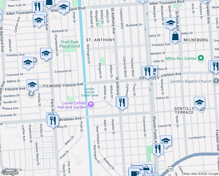 map of restaurants, bars, coffee shops, grocery stores, and more near 1944 Filmore Avenue in New Orleans