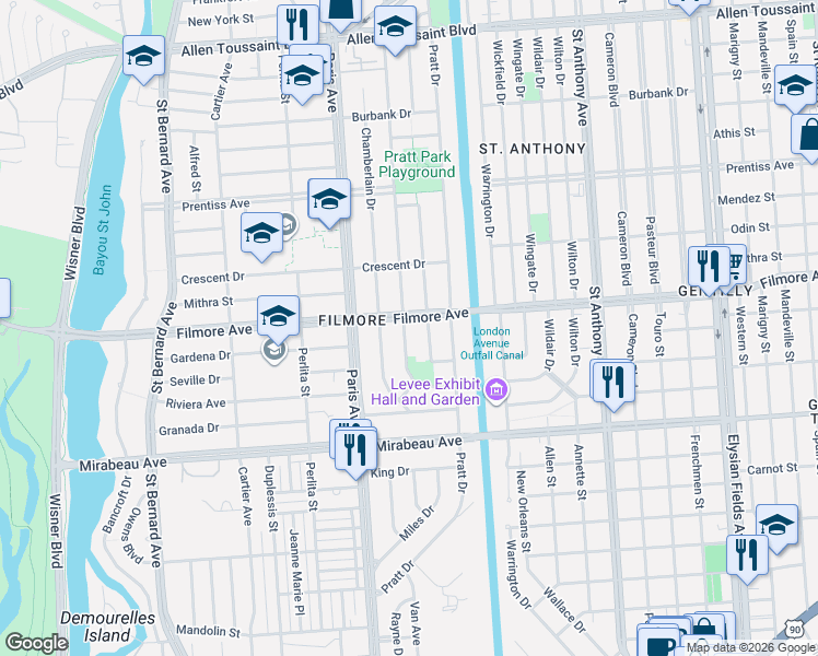 map of restaurants, bars, coffee shops, grocery stores, and more near 5350 Charlotte Drive in New Orleans