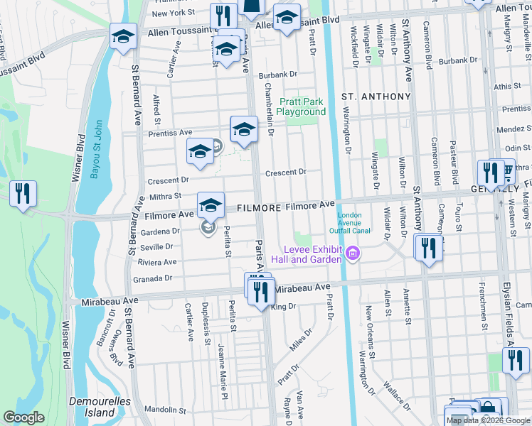 map of restaurants, bars, coffee shops, grocery stores, and more near 1533 Filmore Avenue in New Orleans