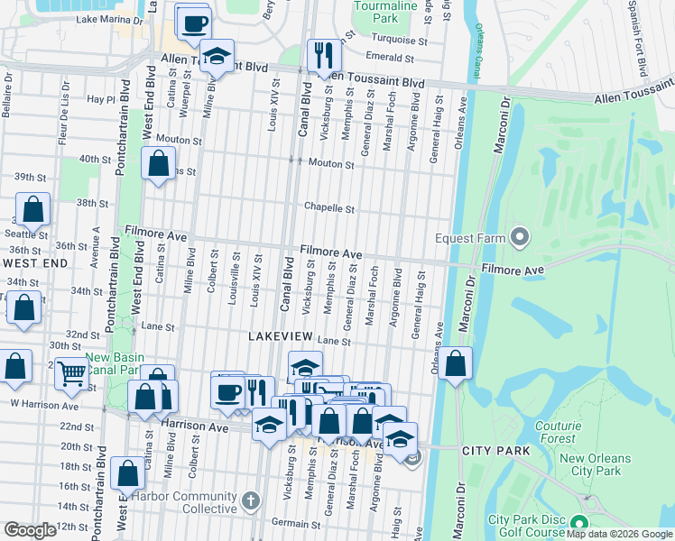 map of restaurants, bars, coffee shops, grocery stores, and more near 6666 Memphis Street in New Orleans