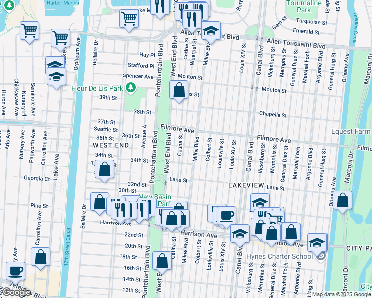 map of restaurants, bars, coffee shops, grocery stores, and more near 6621 Wuerpel Street in New Orleans