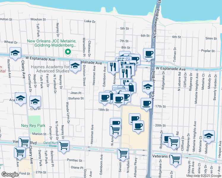 map of restaurants, bars, coffee shops, grocery stores, and more near 3520 North Arnoult Road in Metairie