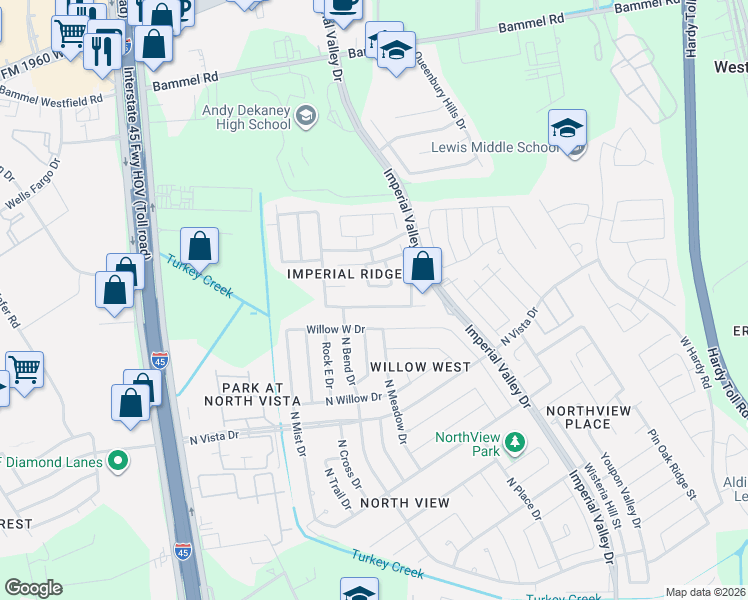 map of restaurants, bars, coffee shops, grocery stores, and more near 16815 Perryton Lane in Houston