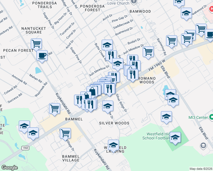 map of restaurants, bars, coffee shops, grocery stores, and more near 17050 Amarose Drive in Houston