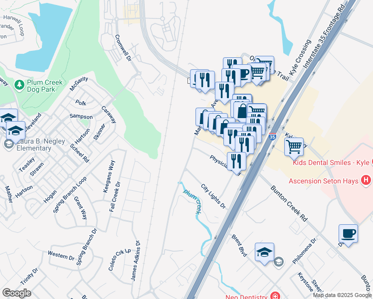 map of restaurants, bars, coffee shops, grocery stores, and more near 20400 Marketplace Avenue in Kyle