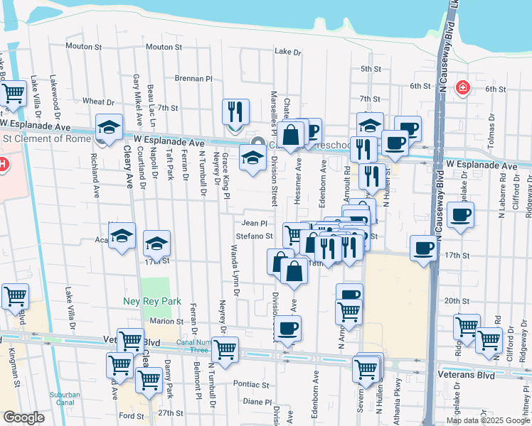map of restaurants, bars, coffee shops, grocery stores, and more near 3712 Rockford Heights in Metairie