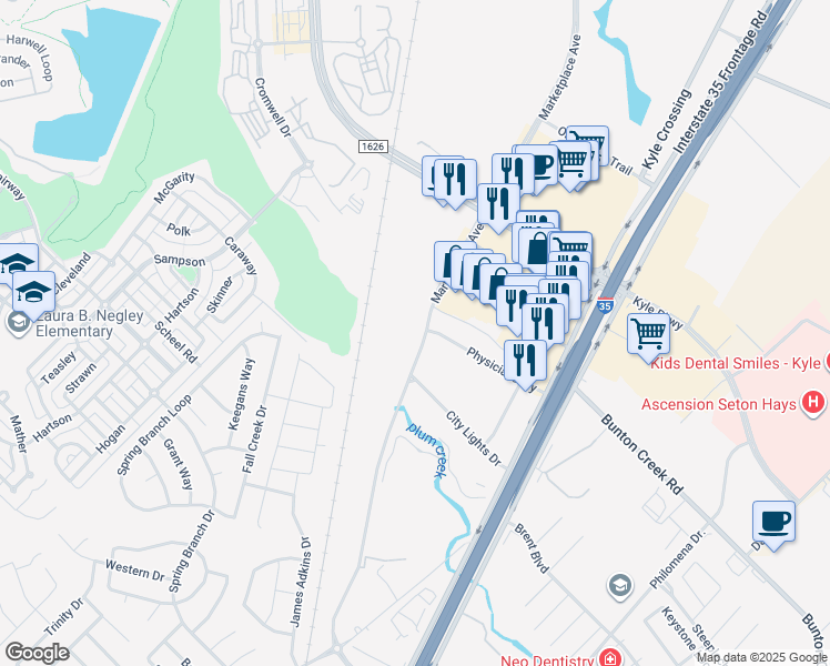 map of restaurants, bars, coffee shops, grocery stores, and more near 20400 Marketplace Avenue in Kyle