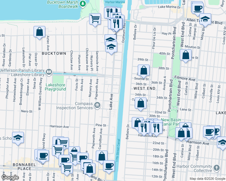 map of restaurants, bars, coffee shops, grocery stores, and more near 9 Chestnut Street in Metairie