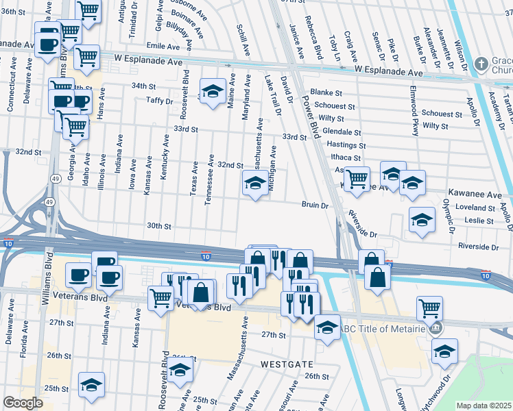 map of restaurants, bars, coffee shops, grocery stores, and more near 2801 Bruin Drive in Kenner