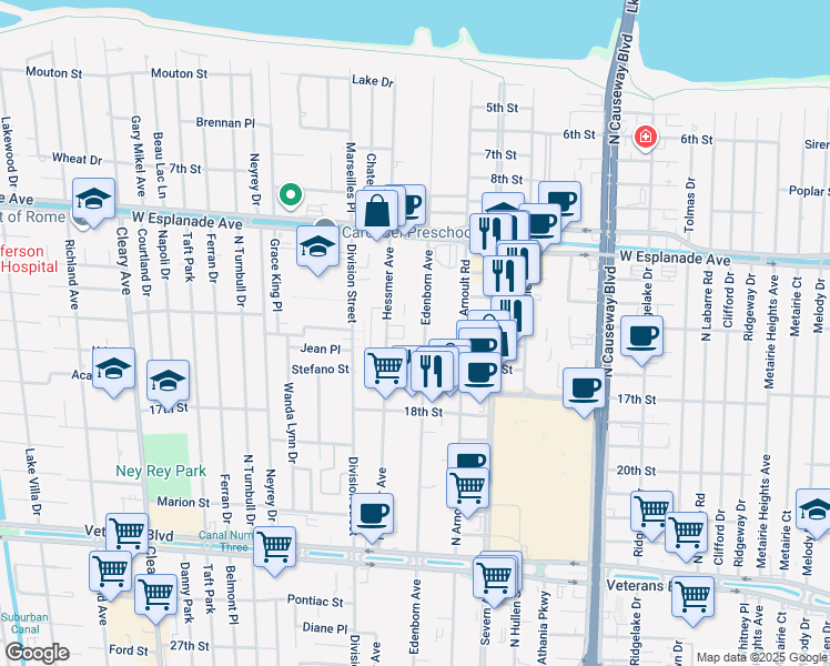 map of restaurants, bars, coffee shops, grocery stores, and more near 3420 Edenborn Avenue in Metairie