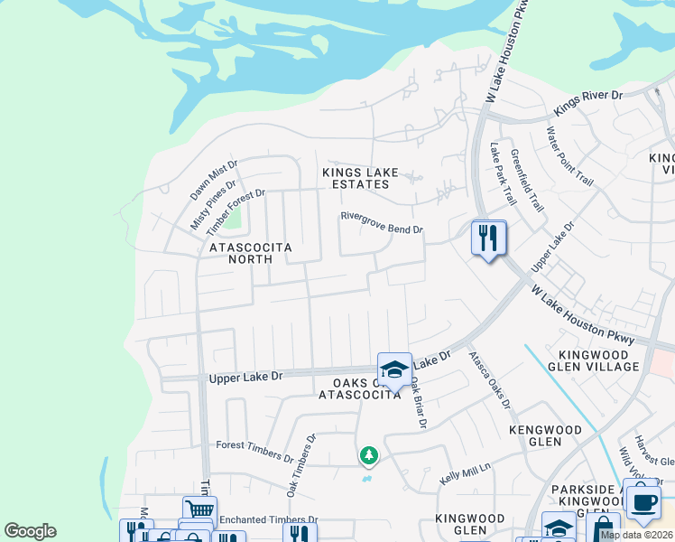 map of restaurants, bars, coffee shops, grocery stores, and more near 5810 Rivergrove Park Drive in Atascocita