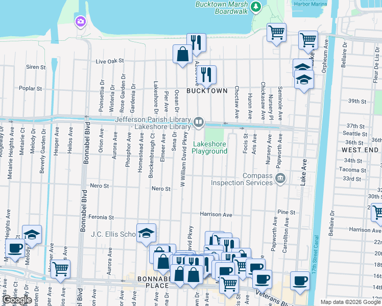map of restaurants, bars, coffee shops, grocery stores, and more near 1127 West William David Parkway in Metairie