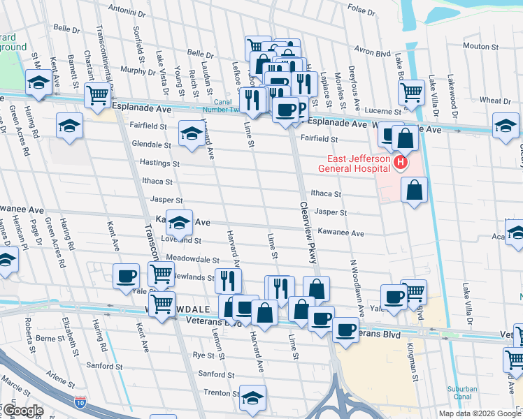 map of restaurants, bars, coffee shops, grocery stores, and more near 4640 Ithaca Street in Metairie