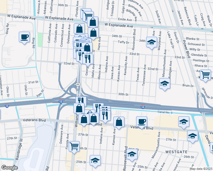map of restaurants, bars, coffee shops, grocery stores, and more near 3041 Iowa Avenue in Kenner
