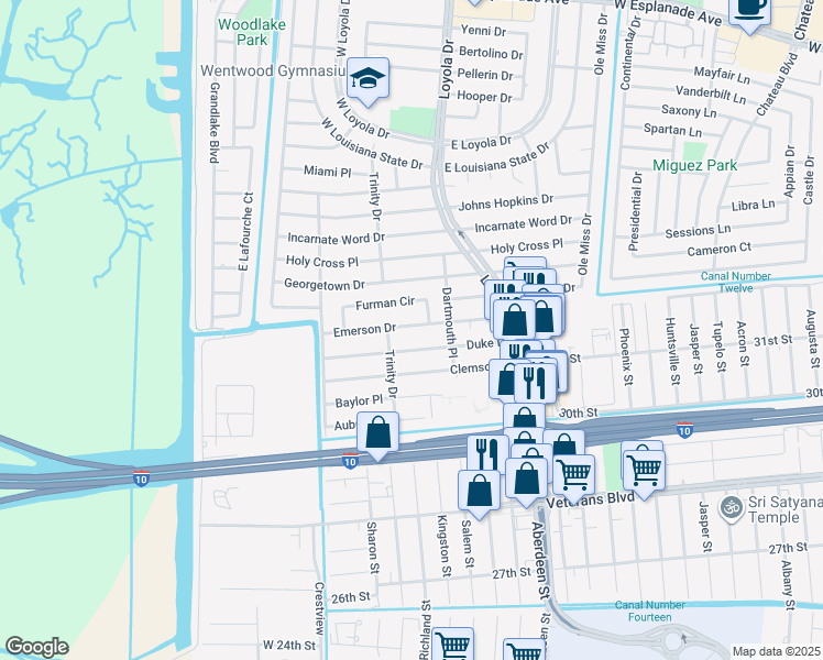map of restaurants, bars, coffee shops, grocery stores, and more near 35 Furman Circle in Kenner