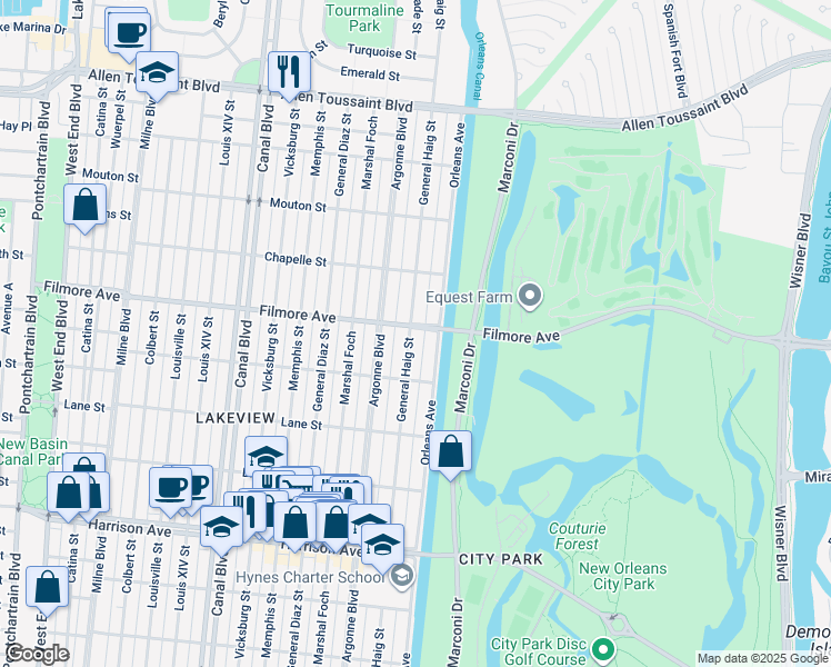 map of restaurants, bars, coffee shops, grocery stores, and more near 6671 General Haig Street in New Orleans