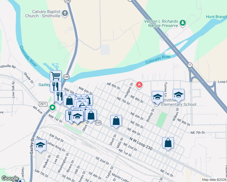 map of restaurants, bars, coffee shops, grocery stores, and more near 710 Gresham Street in Smithville