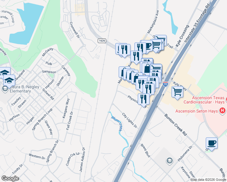 map of restaurants, bars, coffee shops, grocery stores, and more near 20400 Marketplace Avenue in Kyle