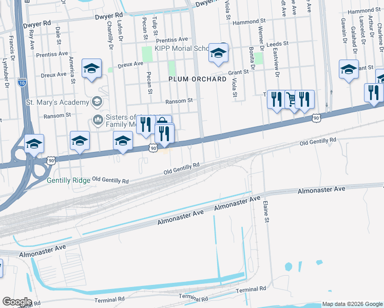 map of restaurants, bars, coffee shops, grocery stores, and more near 7500 U.S. 90 in New Orleans