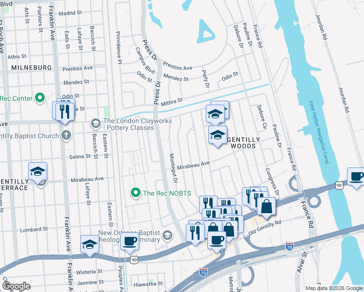 map of restaurants, bars, coffee shops, grocery stores, and more near 5109 Feliciana Drive in New Orleans