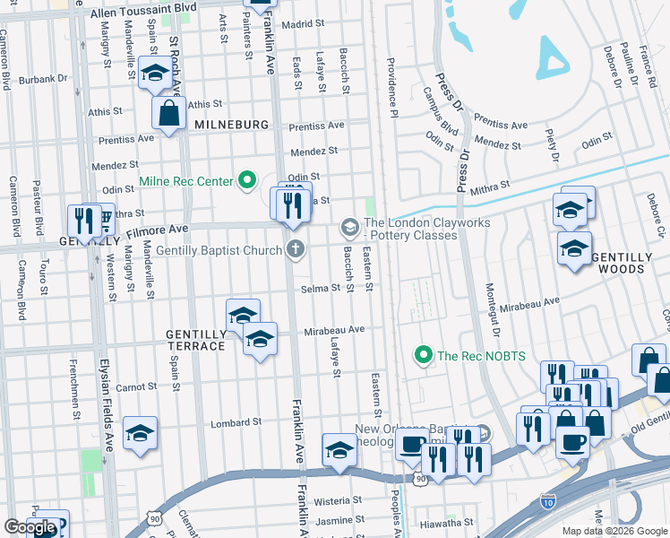 map of restaurants, bars, coffee shops, grocery stores, and more near 5157 Baccich Street in New Orleans