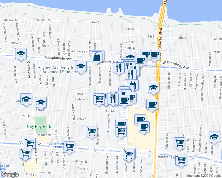 map of restaurants, bars, coffee shops, grocery stores, and more near 3440 Edenborn Avenue in Metairie