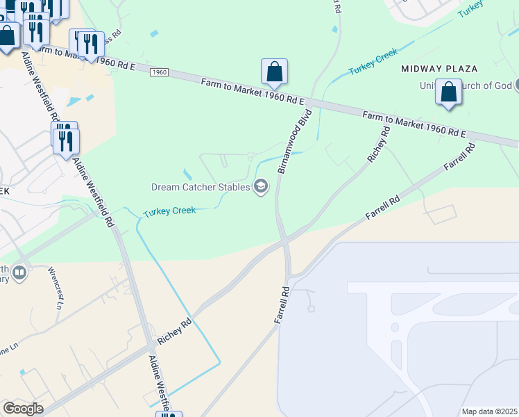 map of restaurants, bars, coffee shops, grocery stores, and more near 20919 Birnamwood Boulevard in Humble